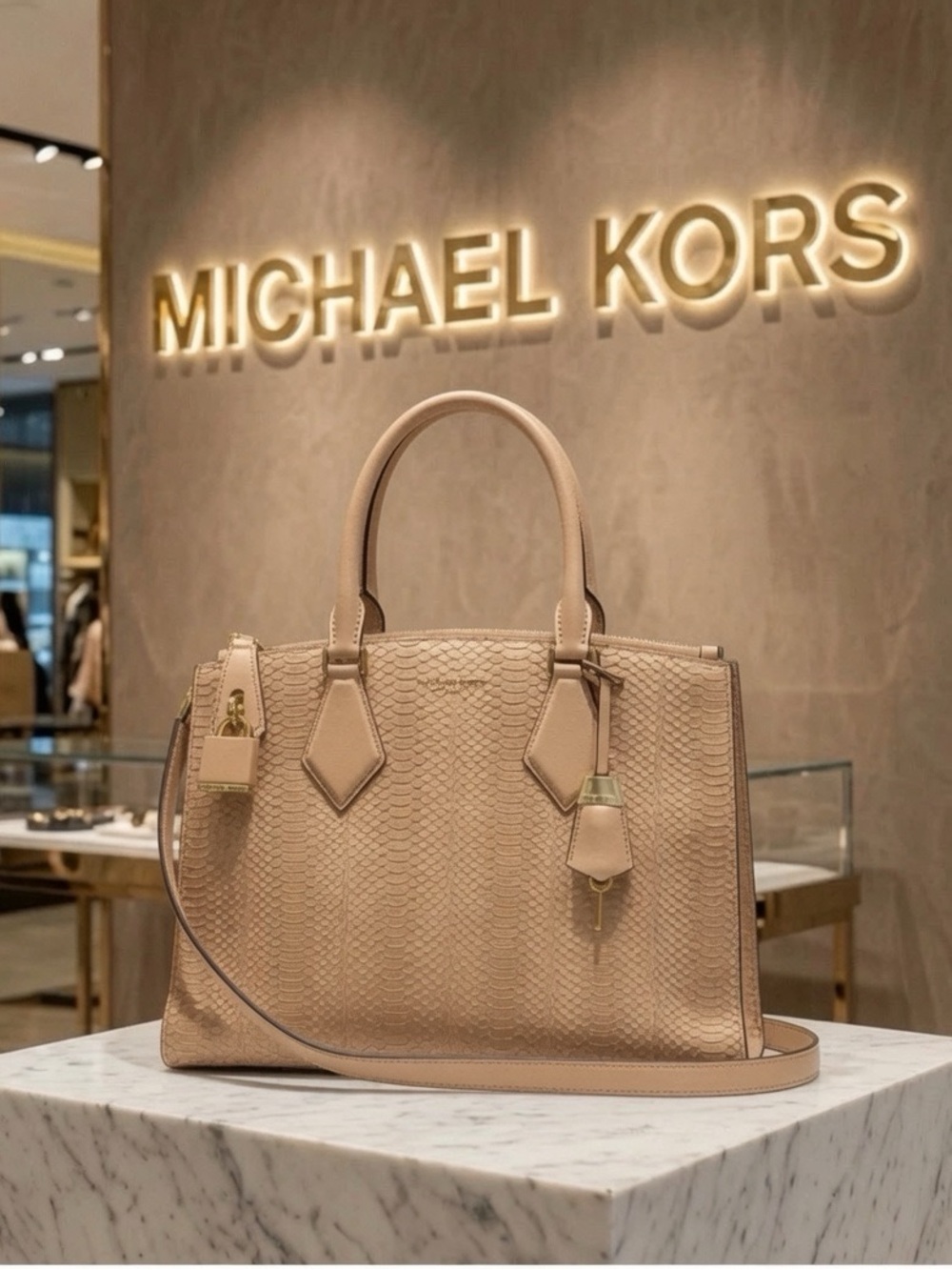 Michael Kors Taupe  snakeskin Textured Leather Satchel. $1,500